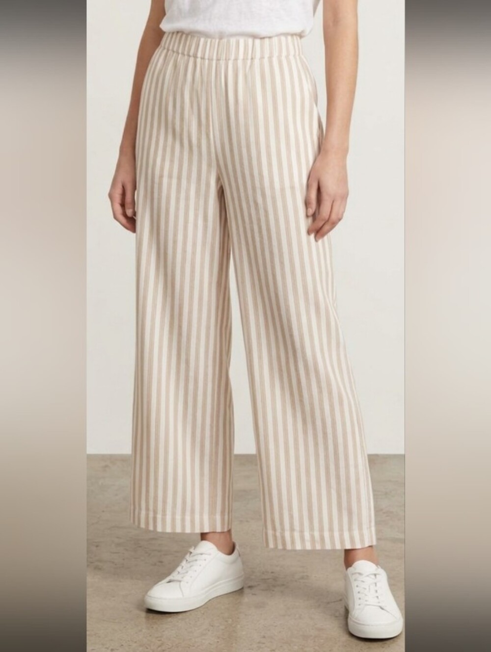 May Design Women’s M Khaki/Cream Striped WideLeg Pull‑On Pants Pockets Lined NWT